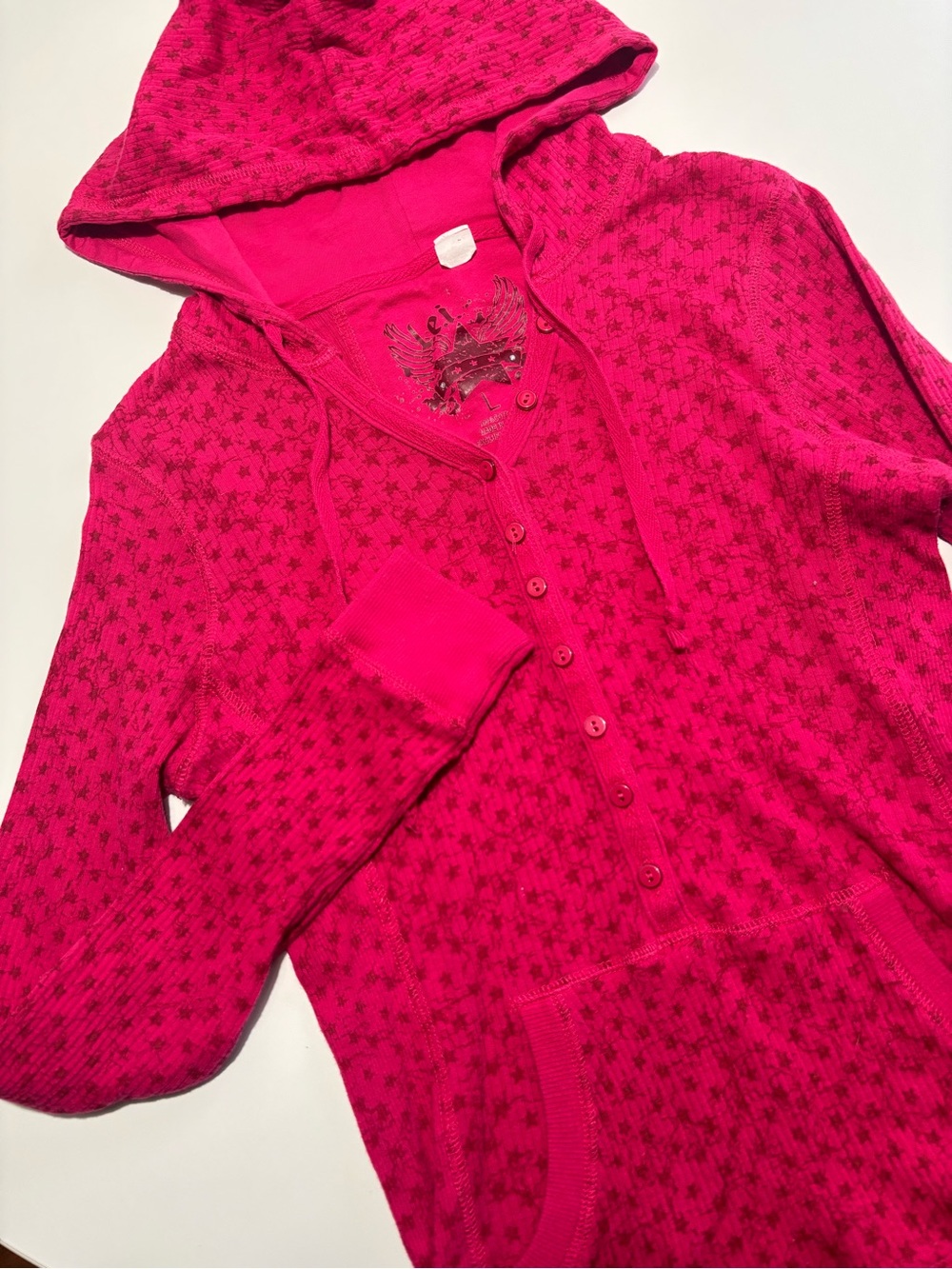 L.e.i. Pink Stars Y2K Henley Long Sleeve Cotton Hoodie